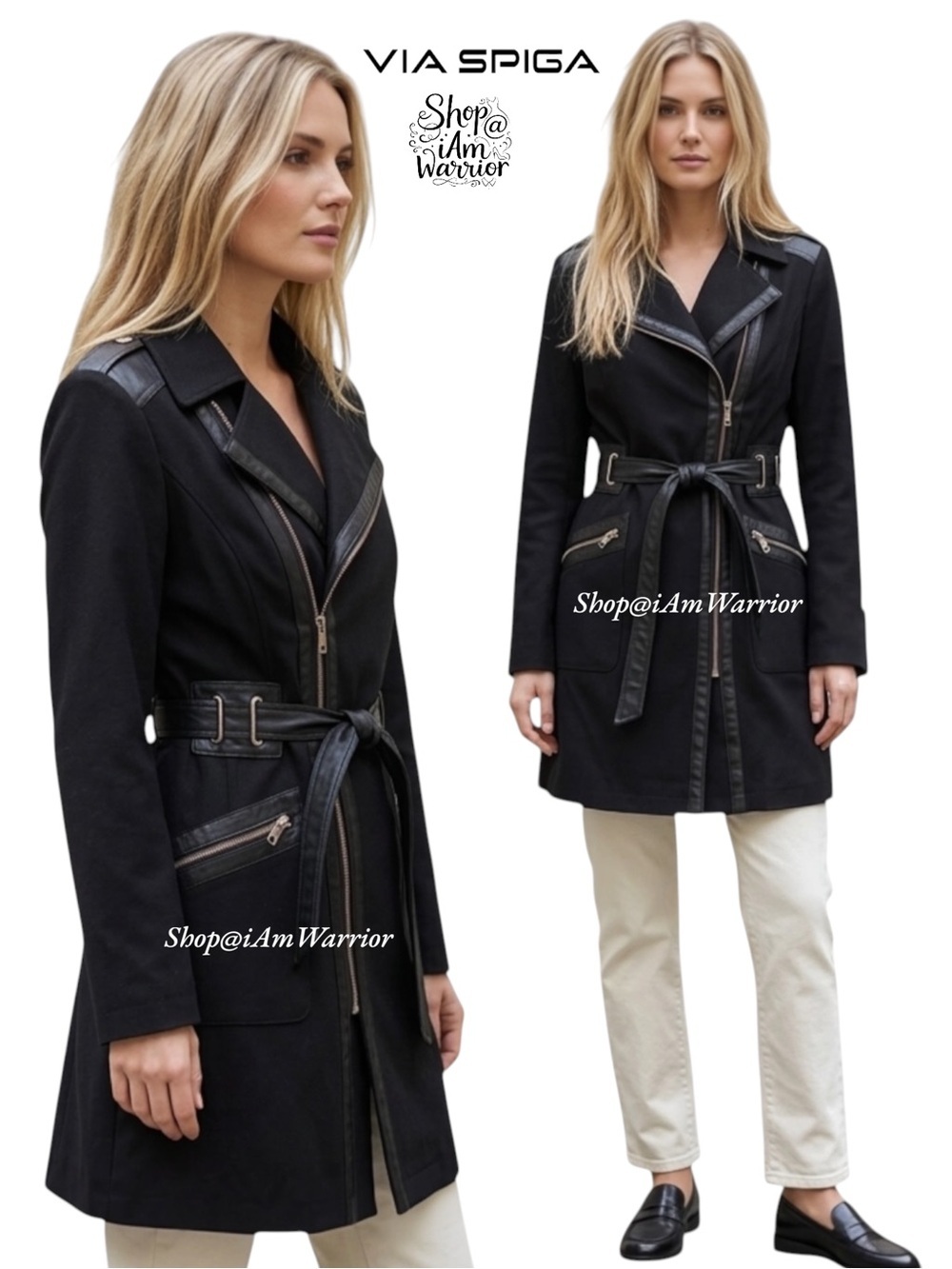 Via Spiga Faux Leather Trim Moto Belted Zip Trench Coat *shop@iamwarrior
